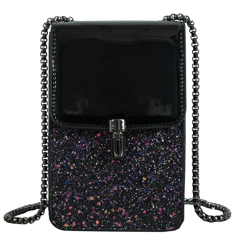 

Women Cell Phone Handbag PU Leather Shoulder Bag Shiny Patchwork Crossbody Bag Female Card Holder Red Black Flap Messenger Bag