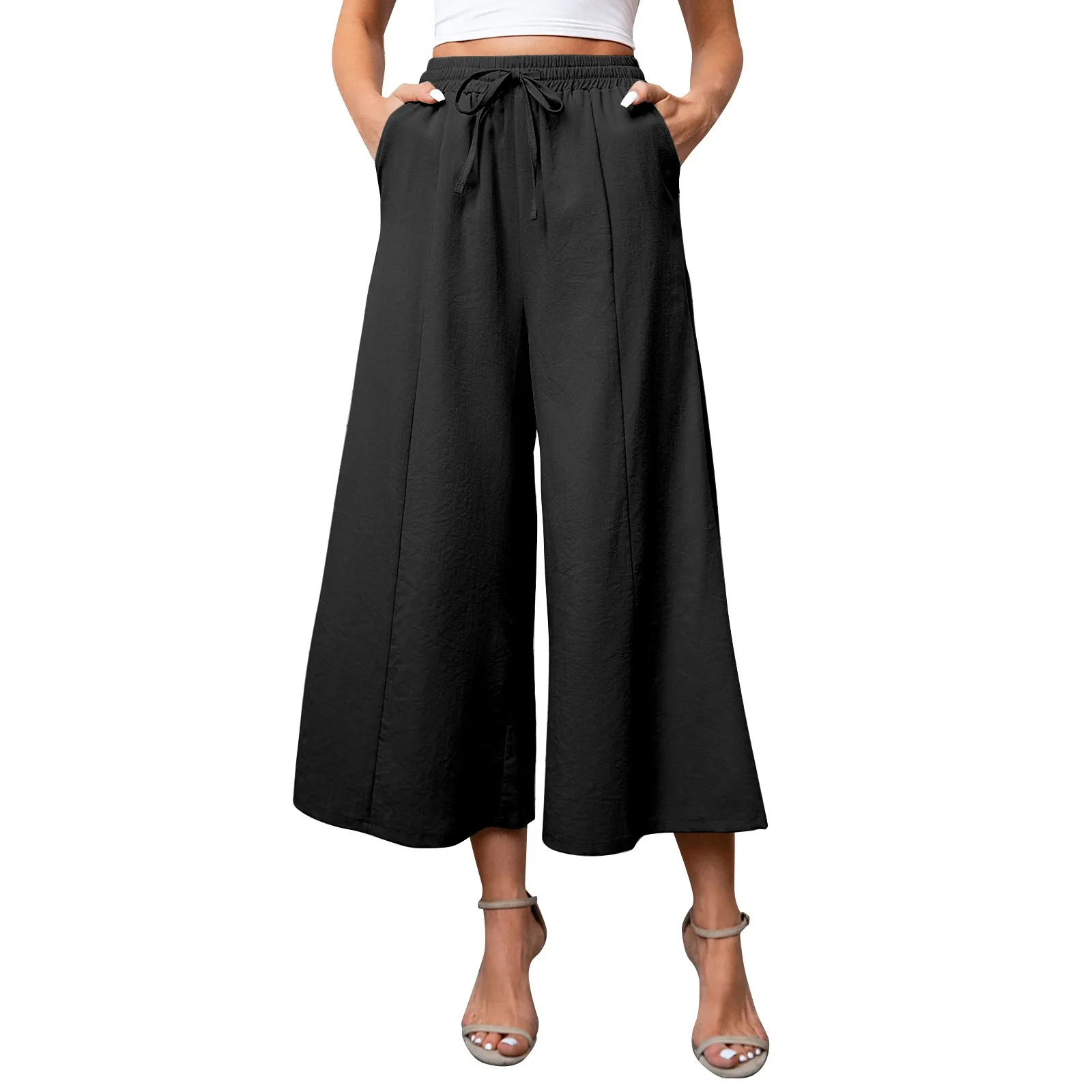 Wide Leg Linen Pants for Women Spring Summer Comfort Elastic Waist Cropped Trousers Solid Pockets Cotton Loose Straight Pants