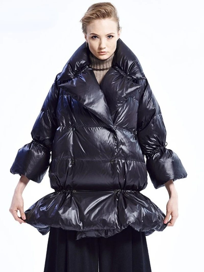 New Down Jacket Women Bright Mid-length Suit Stand-up Collar White Duck Down Thickened and Warm Outwear