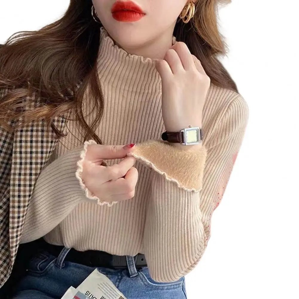 

Shirt Blouse Long-sleeved Tops Shirring Whorl Texture Cold-proof Half High Collar Plush Neck Protection Spring Blouse Women