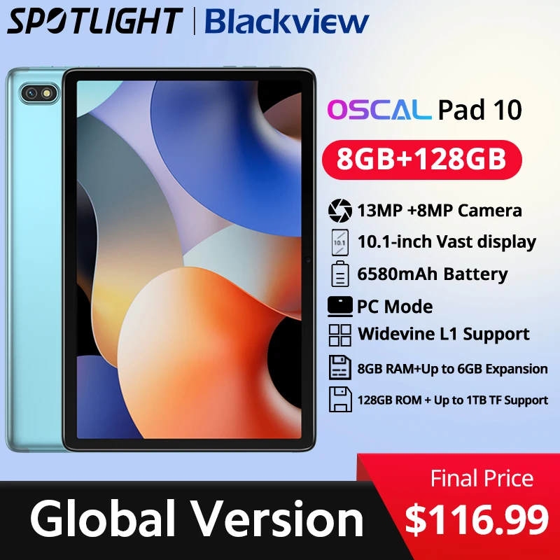 

【World Premiere】Blackview Oscal Pad 10 10.1'' 8GB 128GB 6580mAh Widevine L1 13MP 8MP Camera Octa core tablet android 12