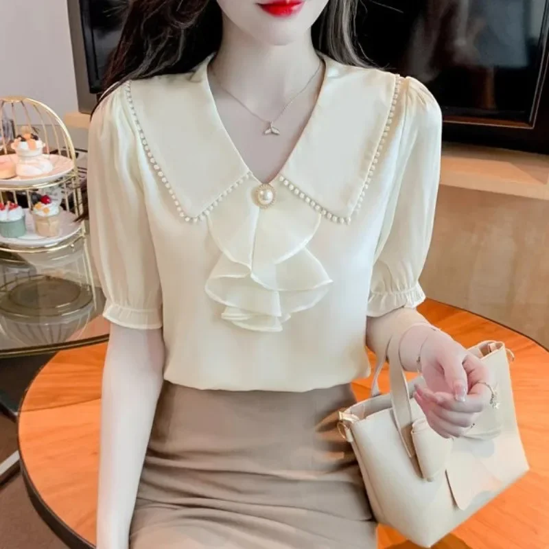 Женская летняя новая шифоновая рубашка с V-образным вырезом и коротким рукавом