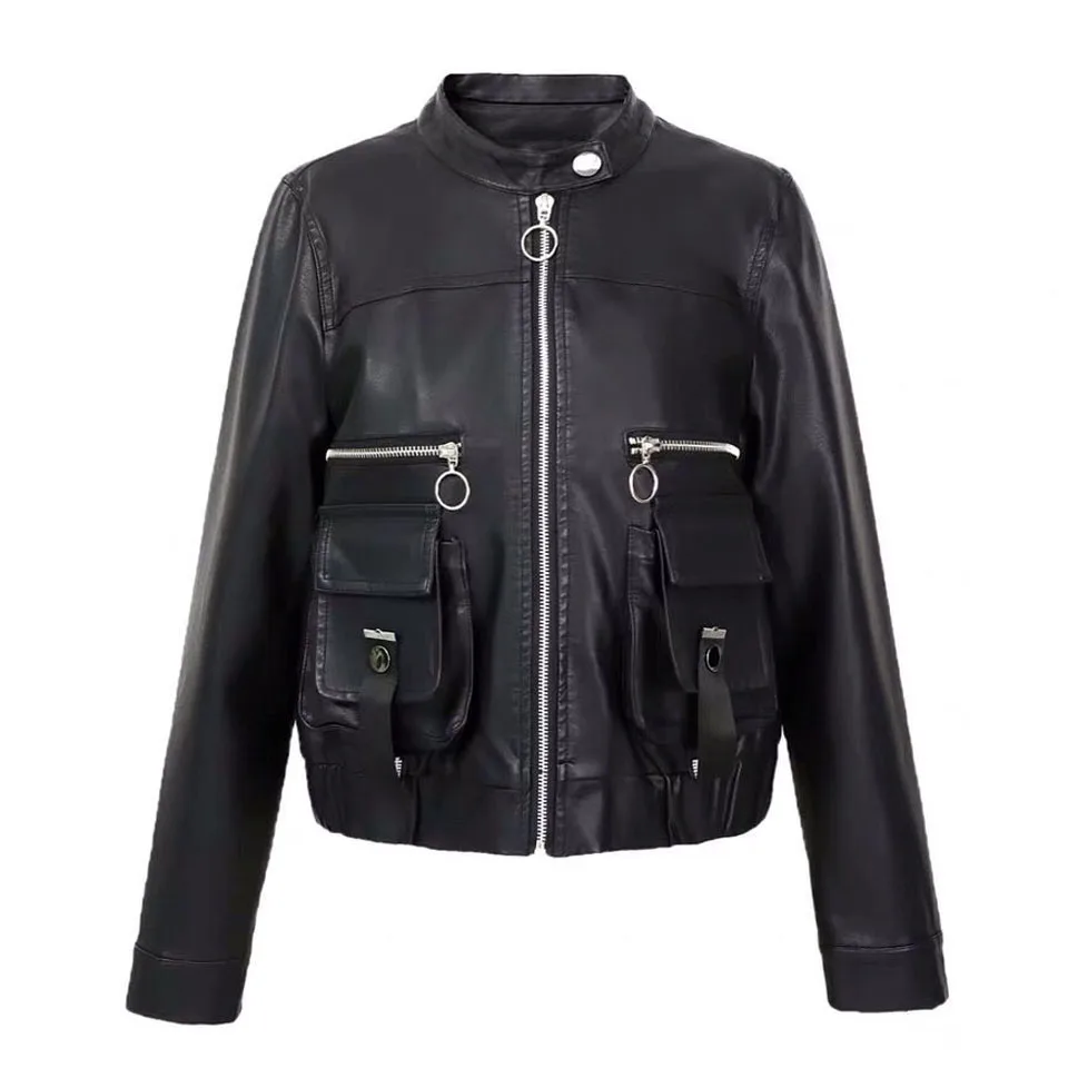 1pcs Women's PU Leather Short Jackets 2022 Autumn Fashion Faux Fur Zipper Small Pocket Splicing Ladies Skinny Locomotive Coats