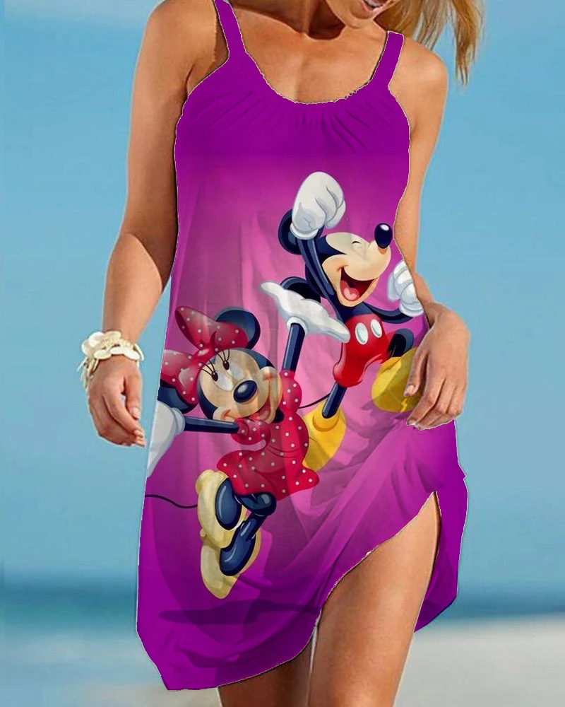 

2022 Summer Disney Beach Dress Minnie 3D Print Women Spaghetti Strap Dresses Streetwear Mickey Mouse Boho Female O-Neck Dresses