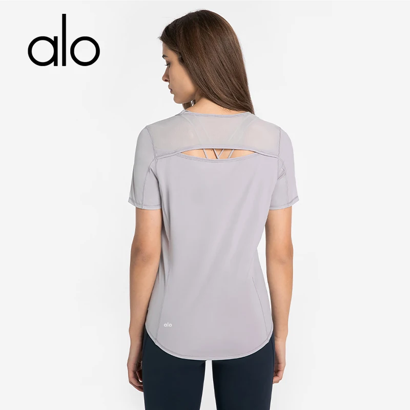 

Alo Yoga Summer Breathable T-shirt Women's Solid Color Slim Sports Shirt Round Neck Gauze Running Top Training Fitness Clothes