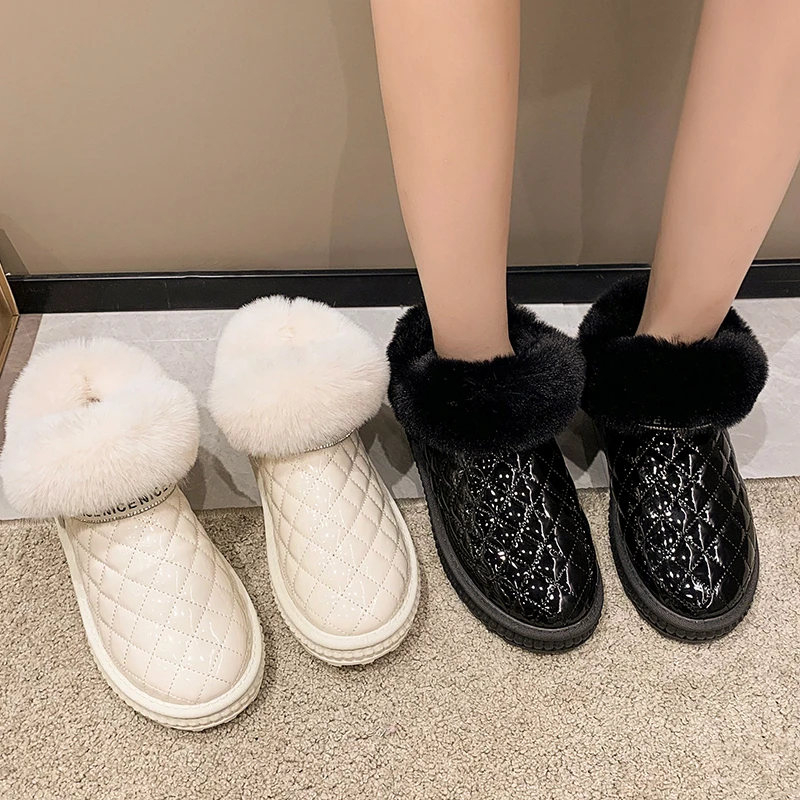 

Women Snow Ankle Boots Thickening Plush Warm Patent Leather Velvet Winter Femmes Platform Solid Plaid Chelsea Shoe Free Shipping