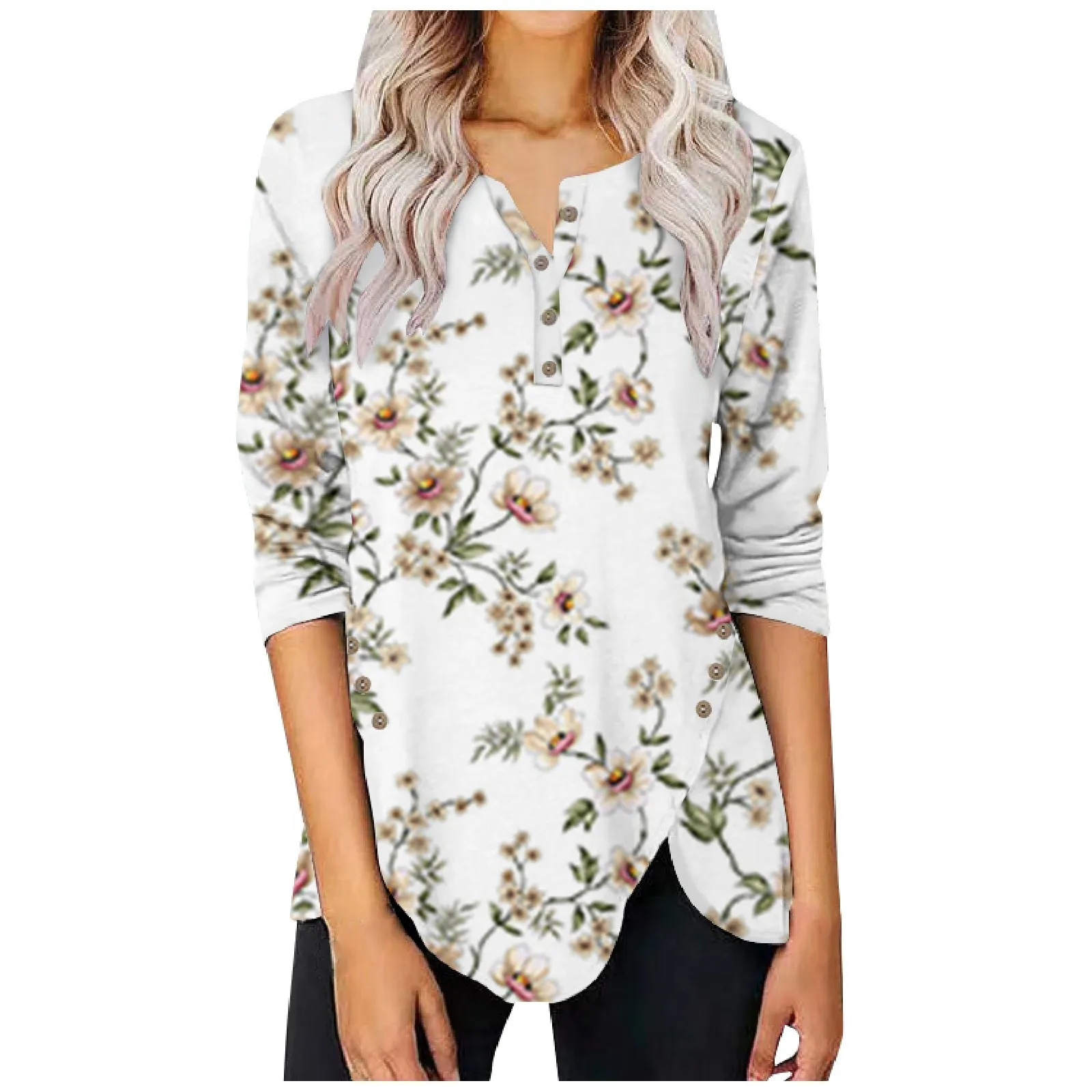 

Женская блузка с асимметричным подолом, топы с длинным рукавом и цветочным принтом, модные футболки с пуговицами и открытым воротником, Женская Осенняя футболка, женская одежда