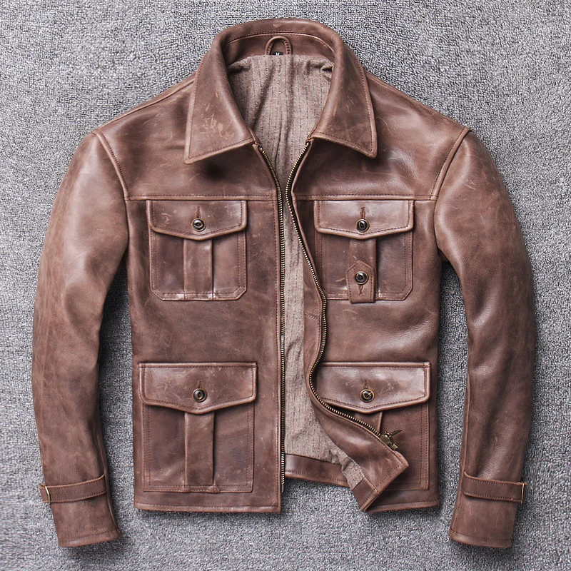 

2024 Men's 100% Real Leather Jacket Italy Calf Vintage Motorcycle Biker Classic Single Breasted Strong Coat