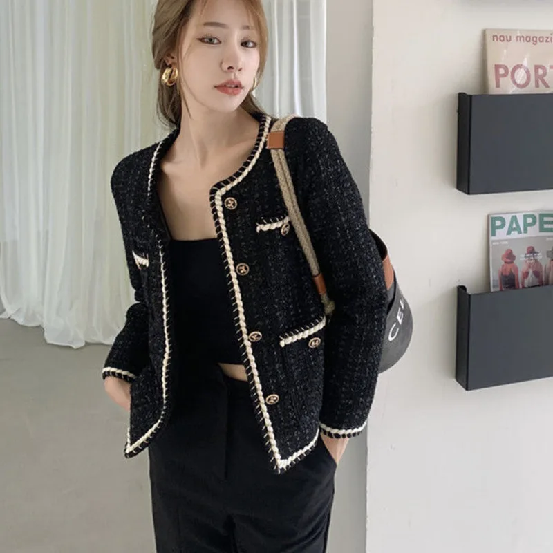 

Jacket Coat Women Outerwear Female Spring Autumn Tweed Round Neck Casual Coats Channel Style Za Suit Cropped Retro Tops