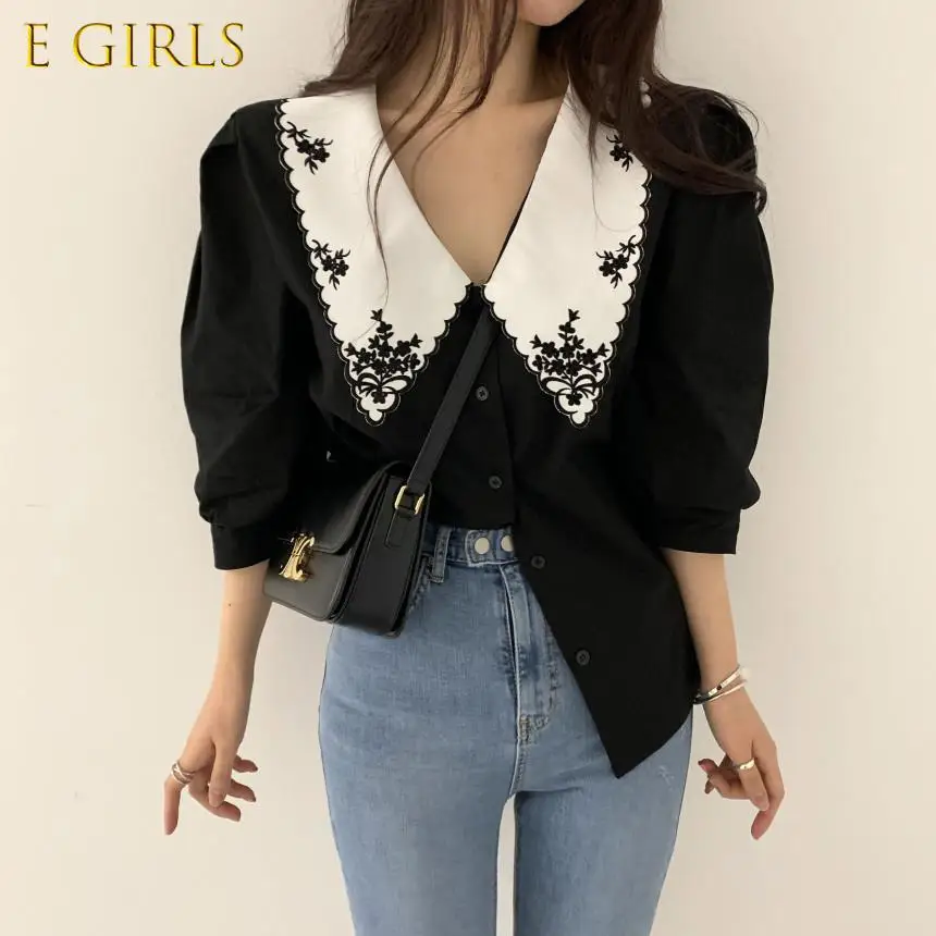 

Women Shirts Peter Pan Collar Short Puff Sleeve Trendy Embroidery Retro Elegant All-match Teens Streetwear Blouses Fairy Ulzzang