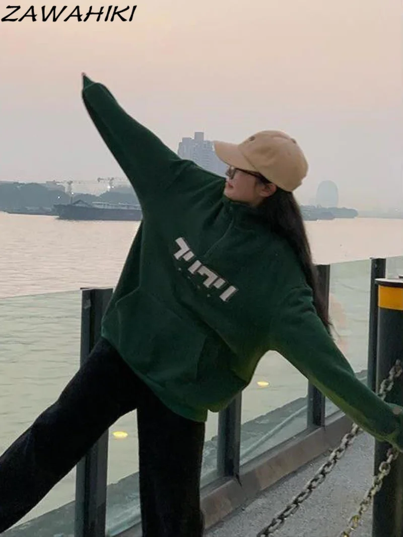 

Vintage Hoodie Y2k Women Green Letter Print Turn Down Collar Long Sleeve Tops 2000s Aesthetic Clothes Grunge Pullover Streetwear
