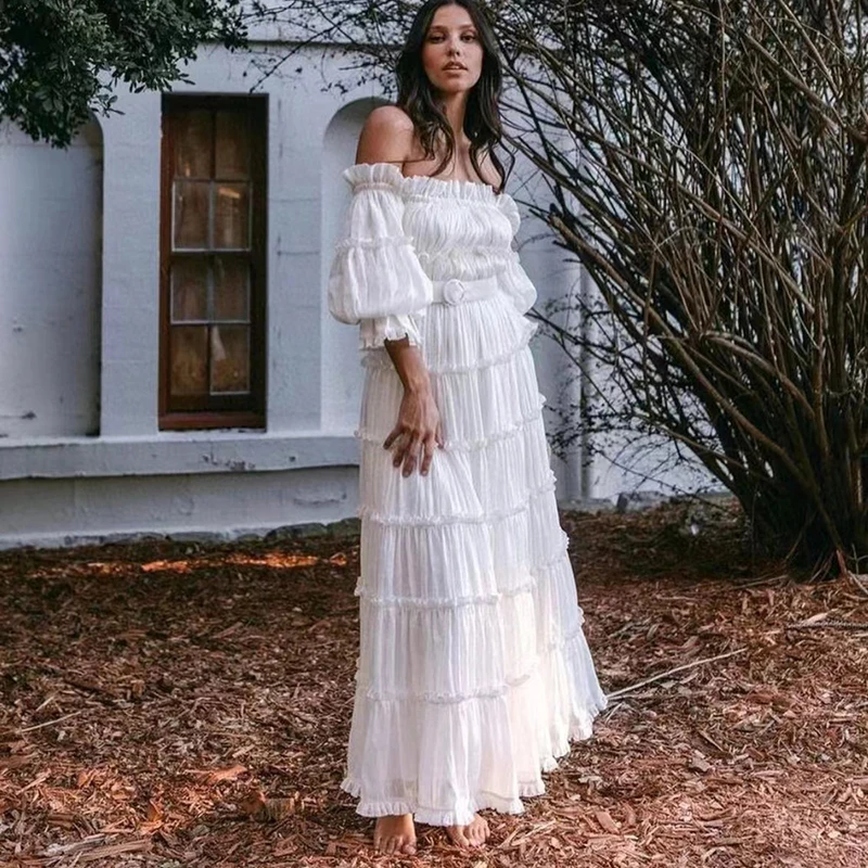 

YouYu Autumn New Products French Niche Ttemperament Fungus Edge Off Shoulder Waist Belt Holiday Style Beach Long Skirt Dress