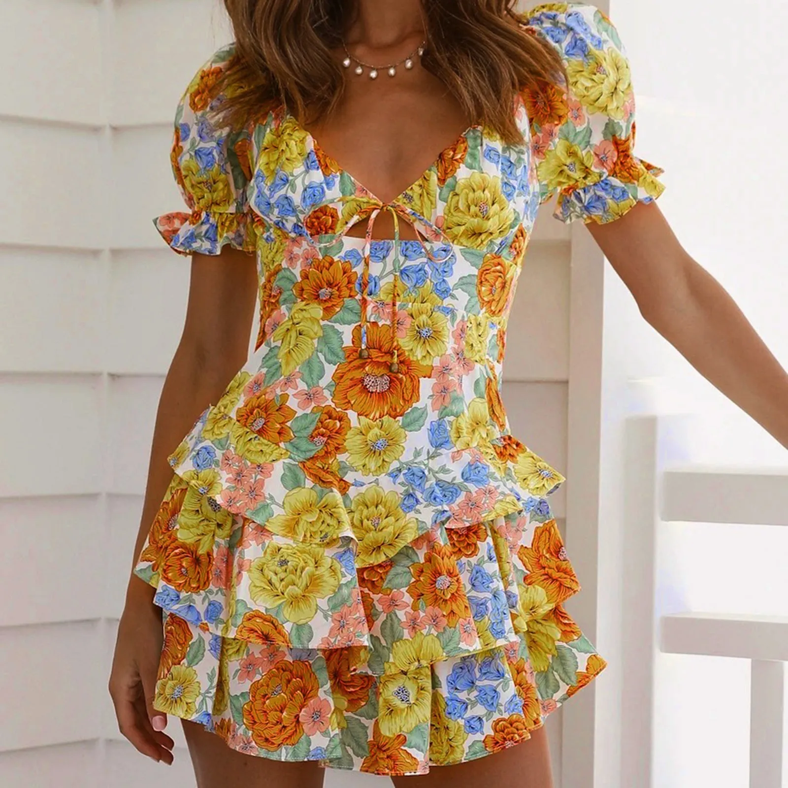 

Женское Повседневное платье с цветочным принтом, элегантное платье с V-образным вырезом и коротким рукавом, мягкие длинные мини-платья для ж...