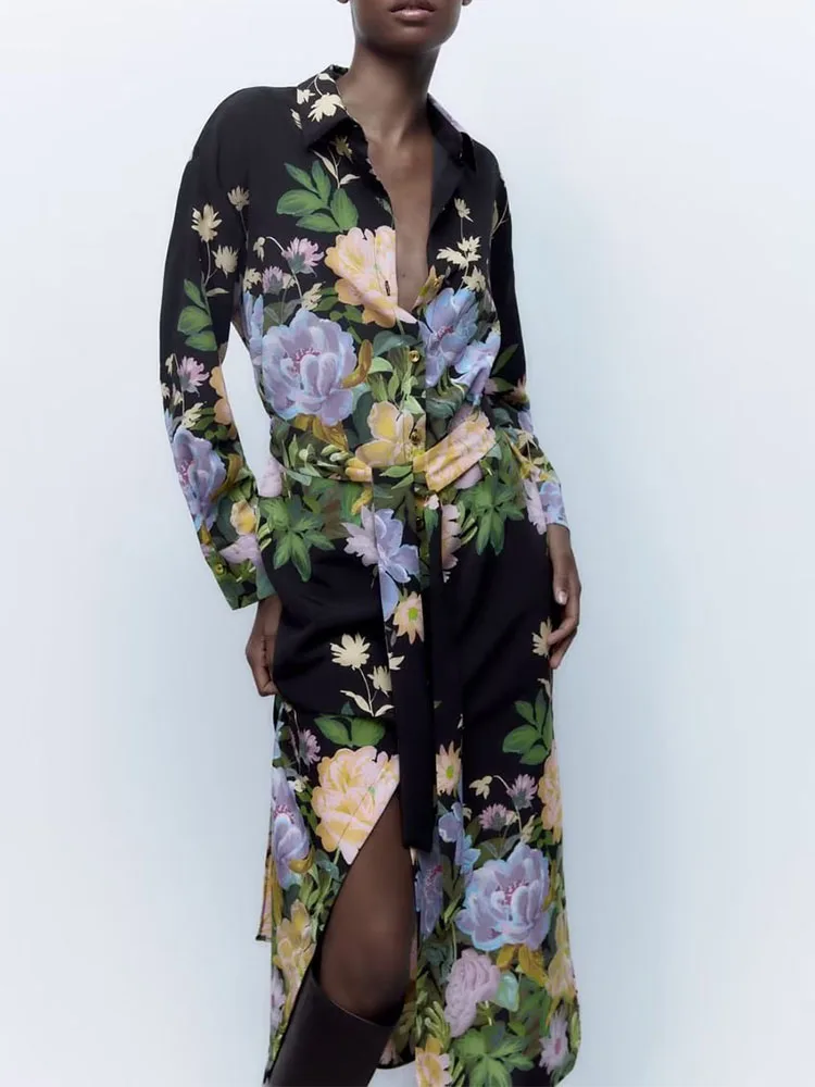 

Autumn New Women's Fashion European and American Belt Lapel Long Sleeve Printed Dress