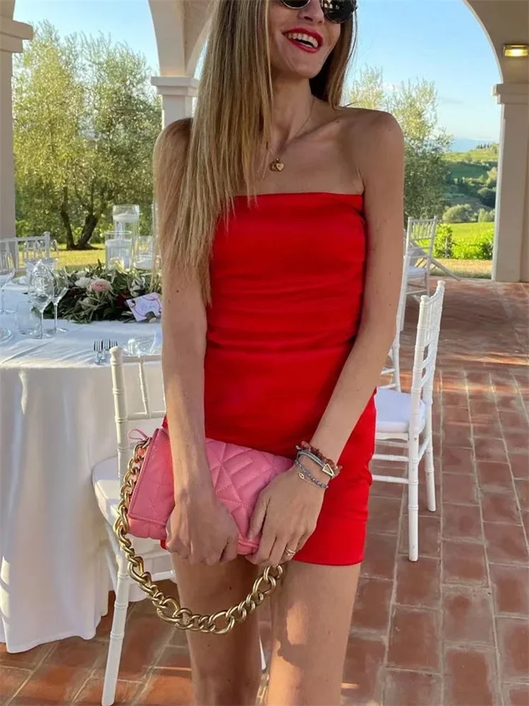 

Woman Elegant Red Slim Strapless Short Dress 2022 Spring Chic Female Solid Pleated Party Dresses Ladies Backless Mini Dress