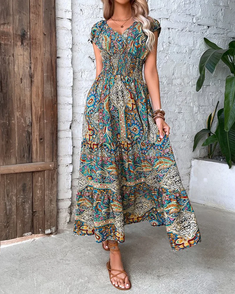 Baroque Paisley Print V-Neck Ruched Casual Dress Bandage Hight Waist Loose Fit Summer Women Ankle Length Sleeveless Floral