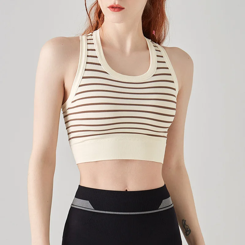

Monika Yoga Sports Underwear Women Shockproof High Stretch Striped Tank Top Fashion Casual Tight Sportswear