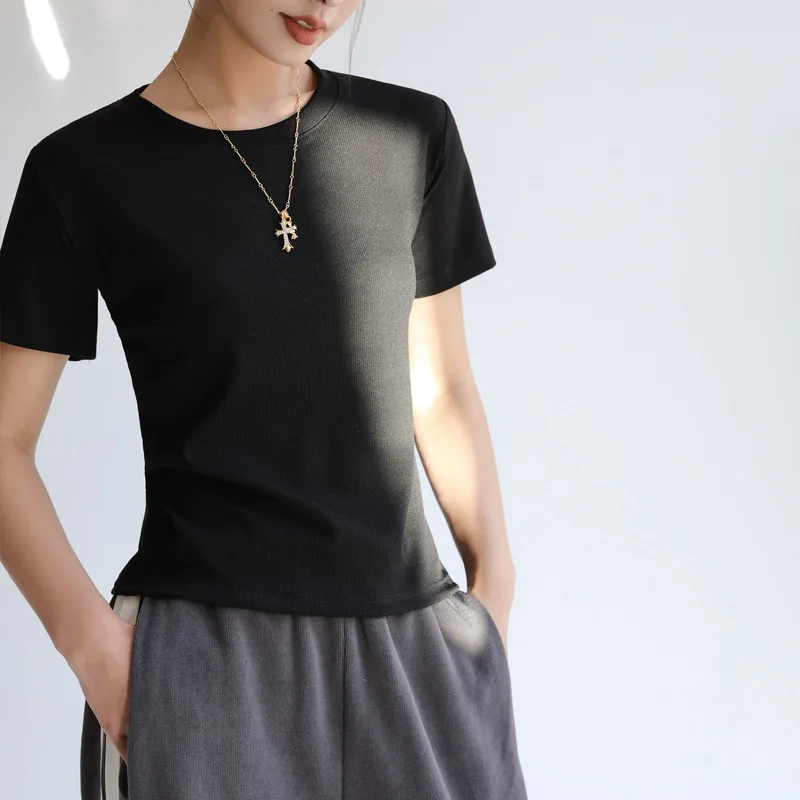 

Korean version of pure cotton thread shoulder short-sleeved women's T-shirt gray22