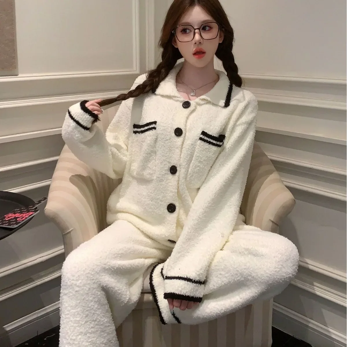 Утолщенные теплые женские пижамы с фланцем осень-зима удобная повседневная