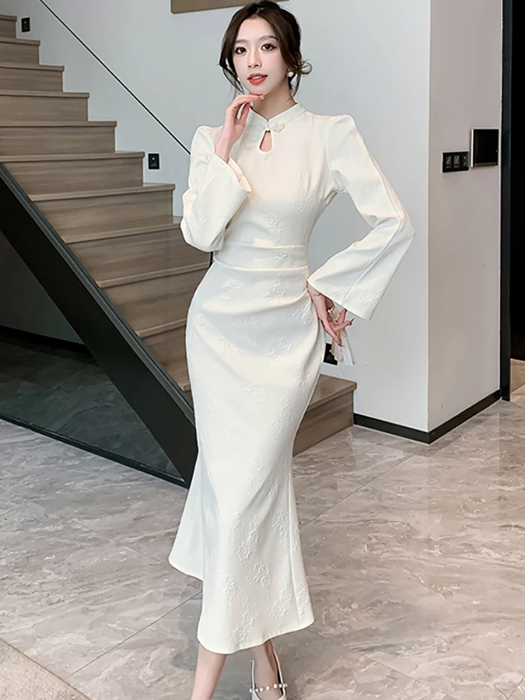 Женское жаккардовое платье с длинным рукавом в Корейском стиле