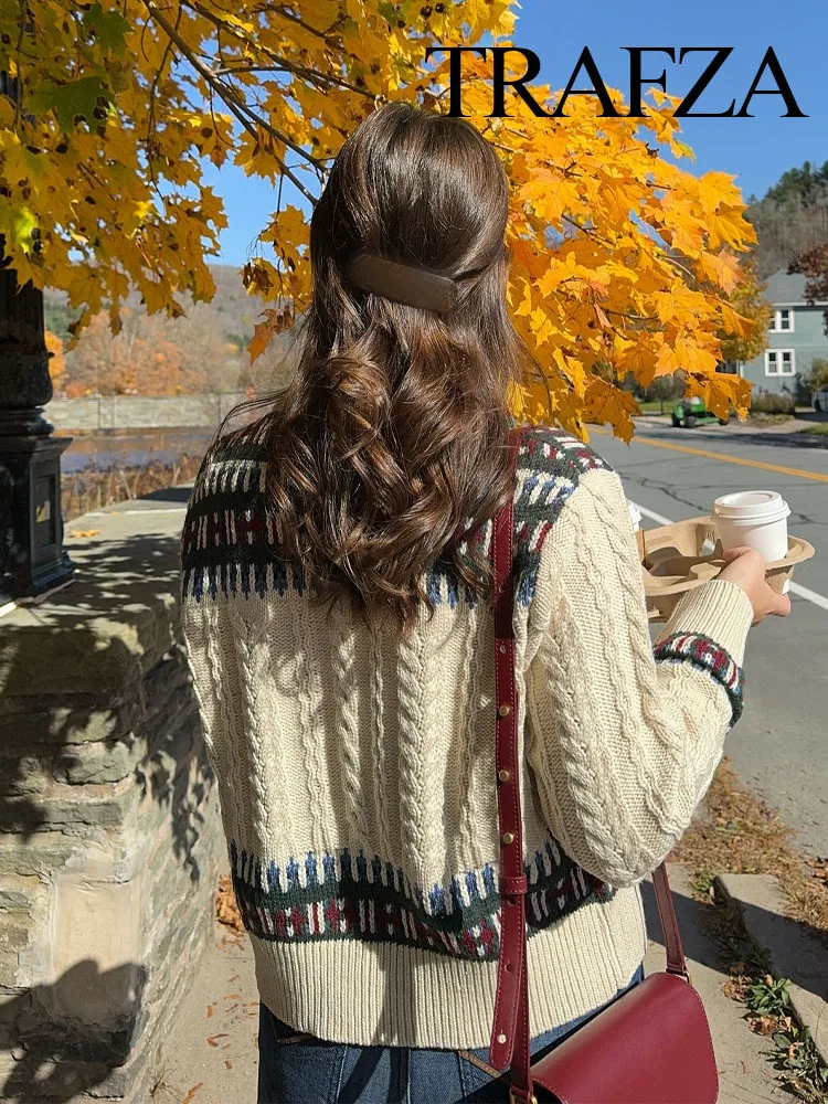 TRAFZA Осенняя женская элегантная жаккардовая лоскутная вязаная куртка с длинными