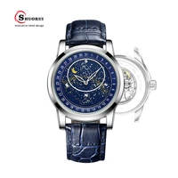 shourui brand automatic mechanical watch 50m waterproof leather strap luxury watch rotating star dial watch reloj hombre