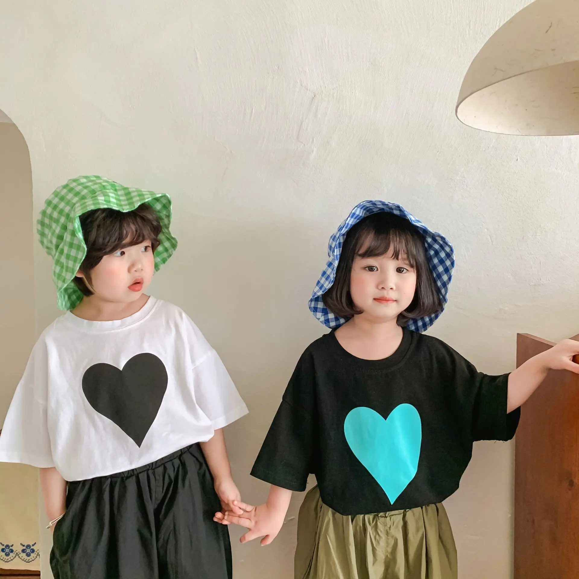 

Summer new love print Unisex short sleeve T shirts Boys and girls brief loose cotton Tees