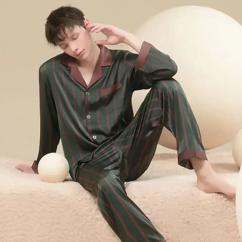 High quality pajamas for men, spring and autumn teen thin silk set, air conditioning room, long sleeves, fashion loungewear