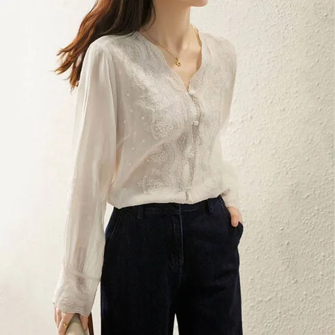 French Embroidery Flower Lace Shirt Women's V Neck Sweet Long Sleeve Linen Blouse Women Autumn Loose Elegant Sunscreen Top 16108
