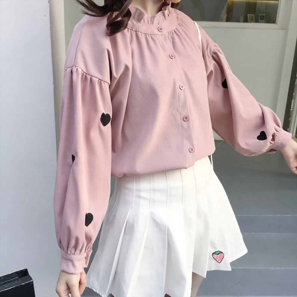 Kawaii Blouses 2022 New Women Shirt top Sweet collar love embroidered Lantern sleeve blouse Vadim Plus Size Women Clothing