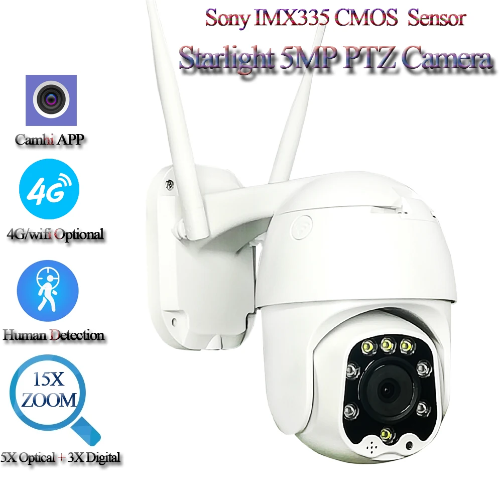 

Outdoor IP Camera 5MP 4G Sim Card WIFI AI Auto Tracking 5X Zoom Wireless PTZ Speed Dome CCTV Camera Two Way Audio IR 30m Camhi