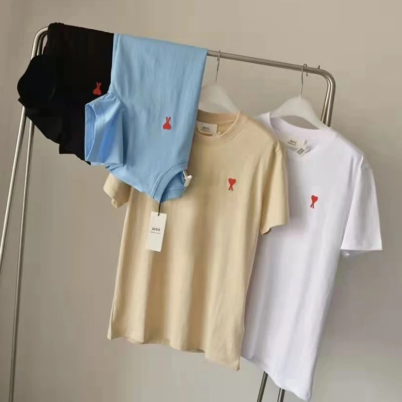 

Женская Однотонная футболка с вышивкой, летняя повседневная Свободная Женская футболка с персиковым сердечком, женские топы с круглым выре...