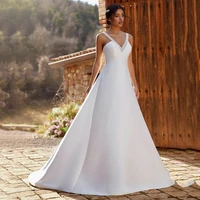 simple sleeveless wedding dress ball gown elegant v neck spaghetti straps bridal gown backless button satin train robe de mairee