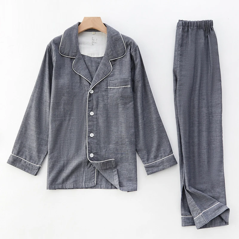 2022 New Spring Summer 100% Cotton Gauze Pajamas Set Men Unisex Homewear High Quality Full Sleeve Night Sleep Pants Sets