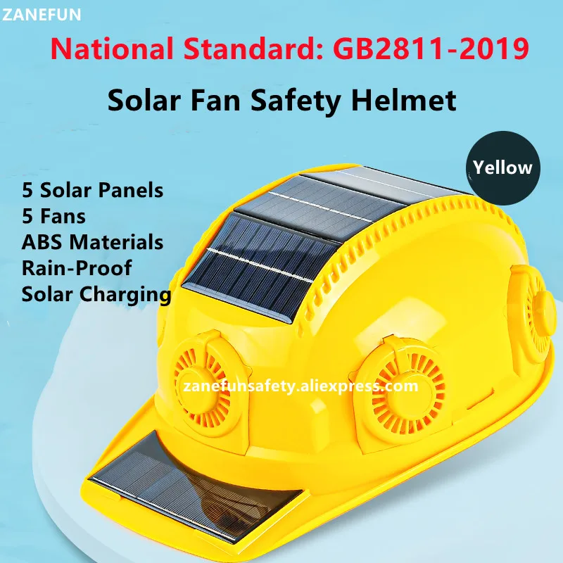 

5-вентиляторный защитный шлем на солнечных батареях с 5 солнечными панелями, защита от дождя из АБС-пластика, жесткий противоударный шлем с п...