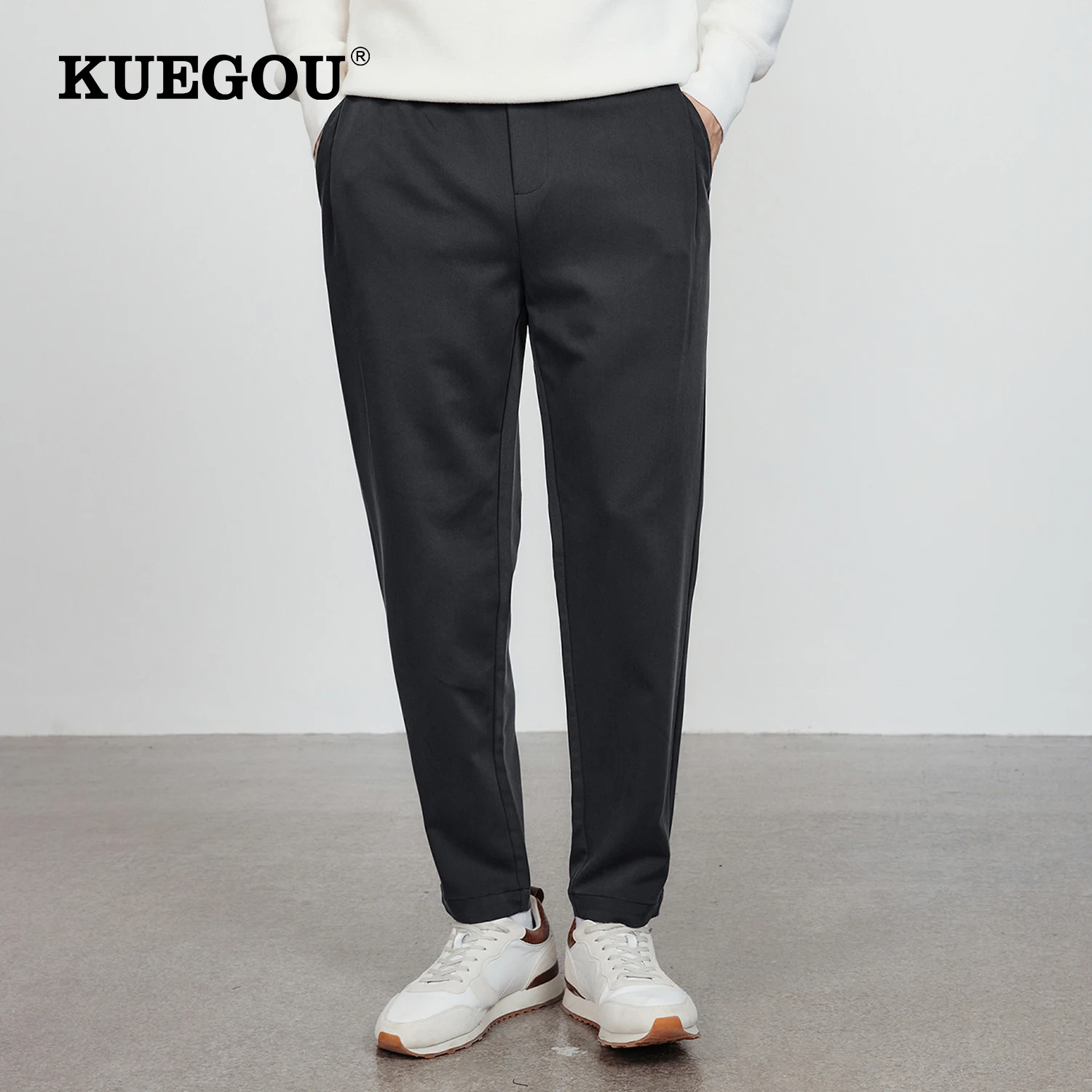 KUEGOU 2022 Autumn Solid Black Gray Casual Pants Men Classic Brand Fashion For Male Wear Work Straight Pocket Long Trousers 5061