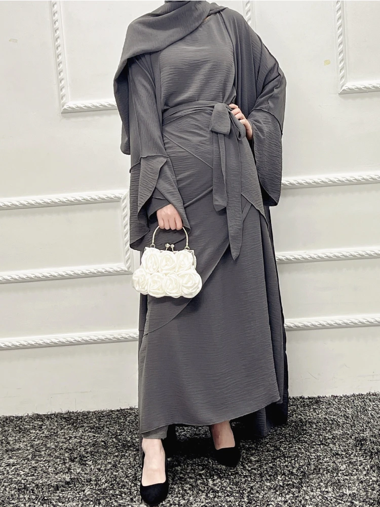 

3 Piece Matching Set Muslim Abayas for Women Dubai Hijab Dress Islam Modest Outfits Open Abaya Kimono Wrap Front Skirt Ramadan
