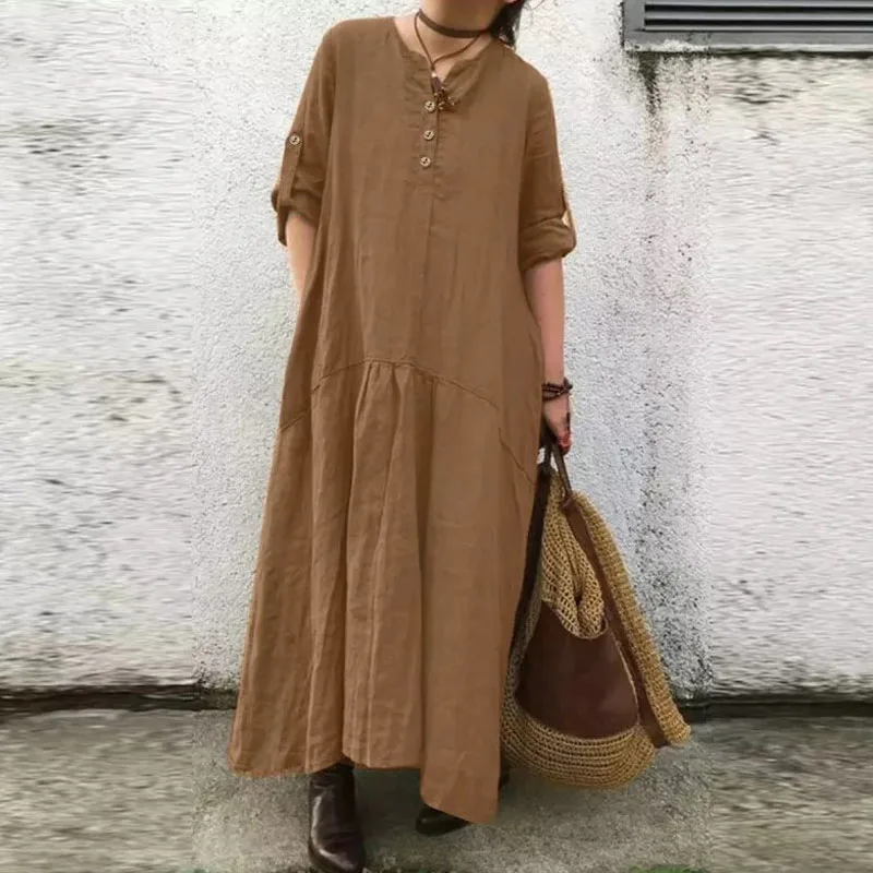 

Vintage V Neck Button Beach Casual Solid Color Loose Spring Summer Women Cotton Linen Maxi Dress Lady Long Sleeve Shirts Dress