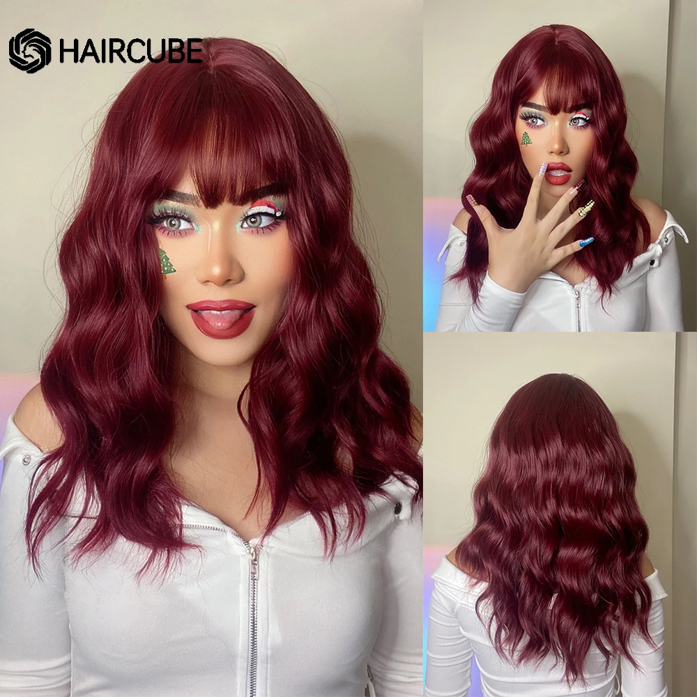 

HAIRCUBE Christmas Synthetic Wigs Long Wavy Wine Red Wigs With Bangs for Black Women Party Cosplay Heat Resistant Natural Hair
