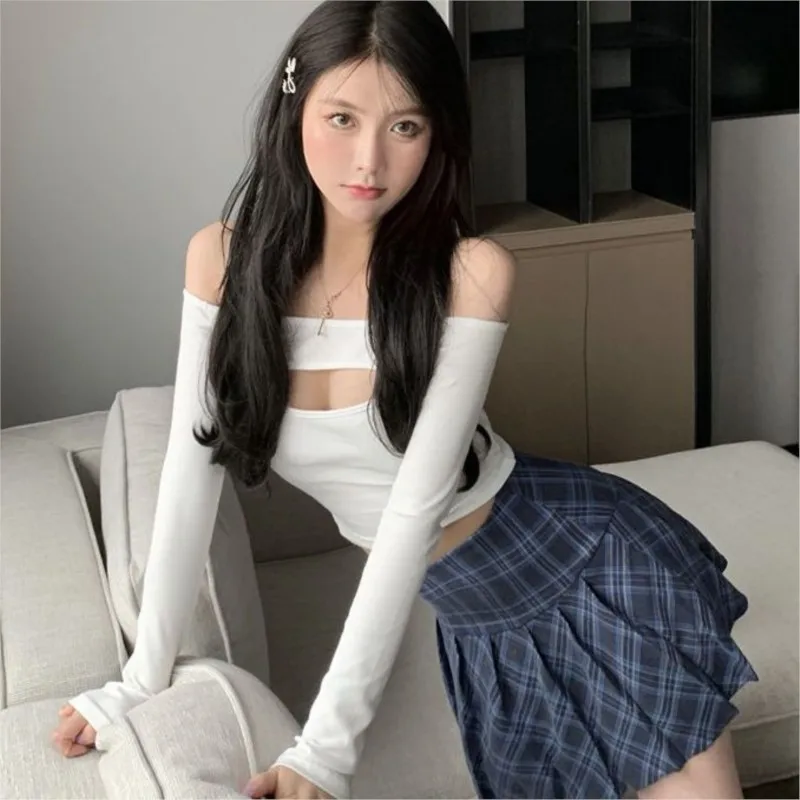 

One-shoulder Short Cropped Navel Tight-fitting Long-sleeved T-shirt Women's Slim Sexy Hot Girl Bottoming Shirt