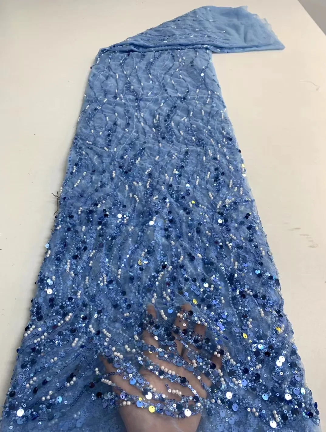 

Nigeria Luxury Beads Sky Blue 2022 High Quality 5 Yards Tulle Lace African Handmade Sequins Fabric French For Bride Prom Dress