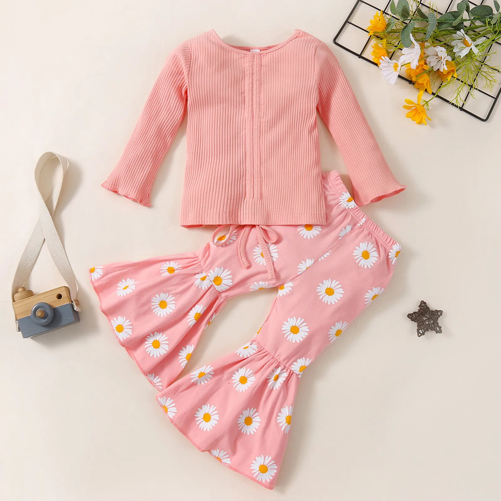 

Детский однотонный комплект одежды, футболка с длинным рукавом и цветочным принтом