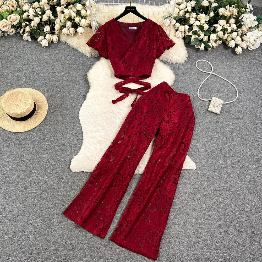 

Женский комплект из 2 предметов Foamlina, однотонный укороченный топ с V-образным вырезом и коротким рукавом и длинные брюки с широкими штанинами и эластичным поясом на лето