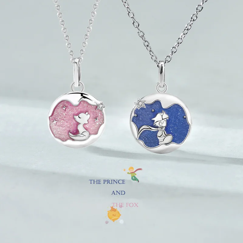 

Original 925 Sterling Silver Valentine's Day Jewelry Enamel Round Brand Silver Jewelry Little Prince with Fox Couple Necklaces