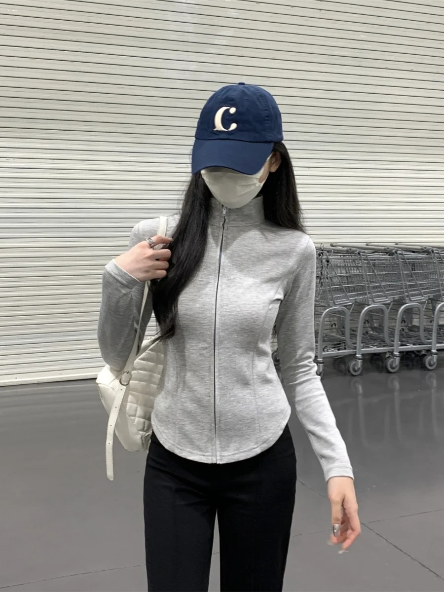 Корейский кардиган на молнии с воротником до половины высоты верхняя одежда