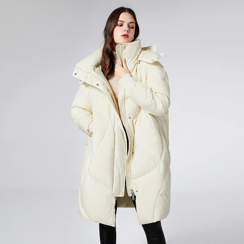 Women Winter Medium Length Over The Knee   White Eiderdown Lloose Western Style Thick Hooded Slimming Down Coats