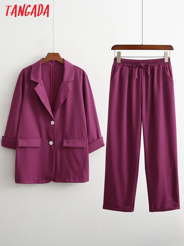 

Tangada 2022 Women solid tracksuit sets blazer and pants suit 2 pieces sets 1D05
