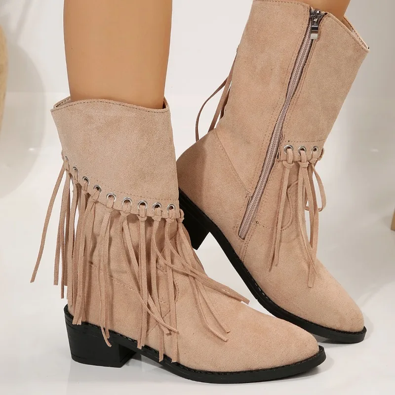 

Женские ботинки на молнии, с острым носком, до середины икры