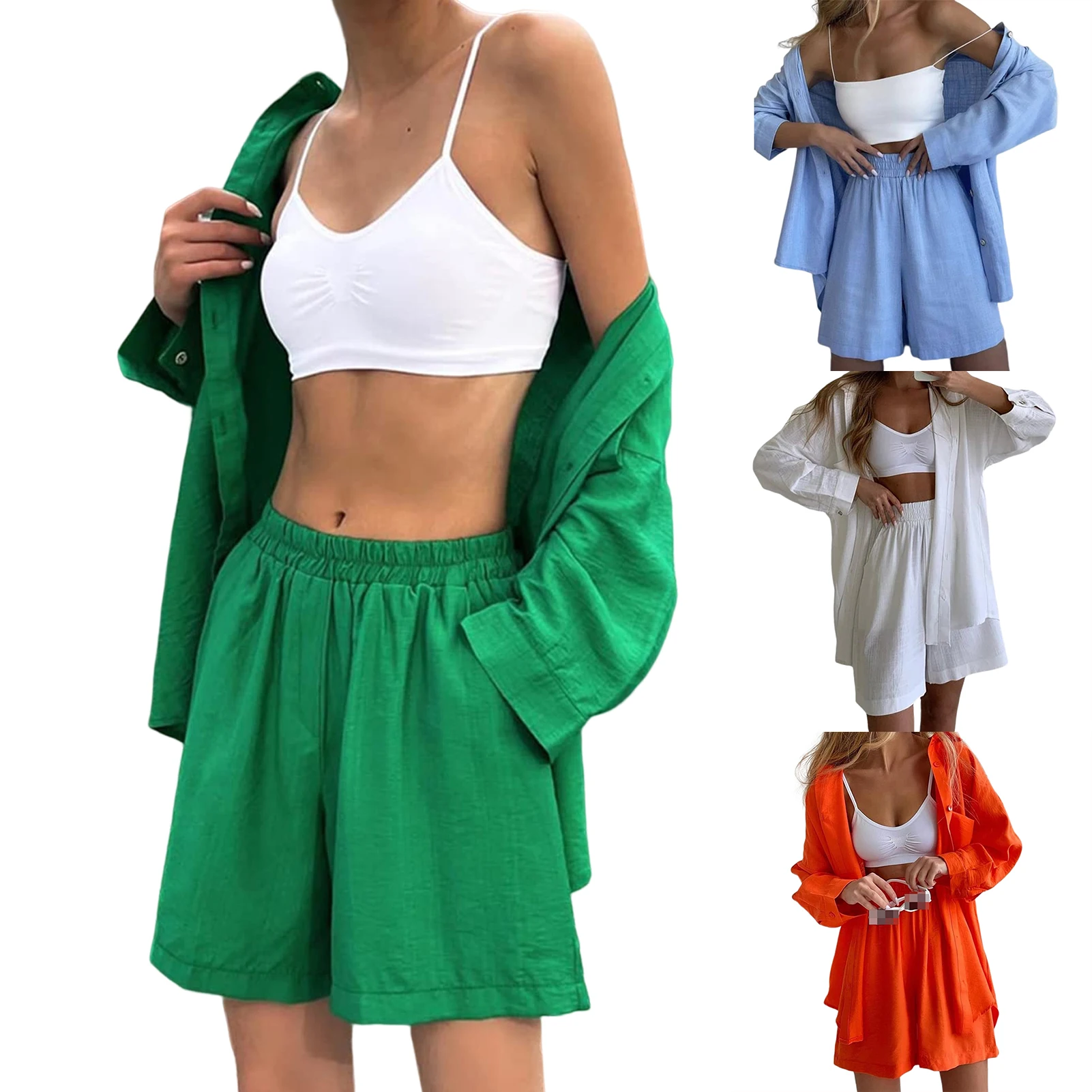 

2023 Summer 2 Pieces Women Outfits Single-breasted Long Sleeve Matching Pockets Shorts Set Women's Suit Solid Casual Outfits