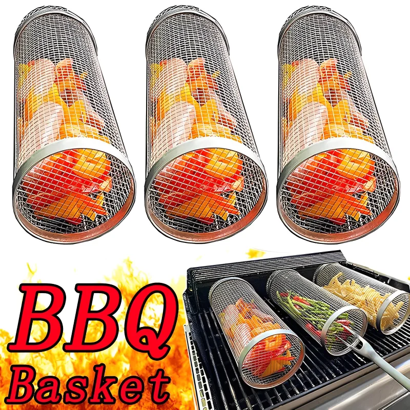 

New Rolling Grilling BBQ Basket Stainless Steel Leakproof Mesh Barbecue Rack Outdoor Picnic Camping Simple Cylindrical BBQ Grill